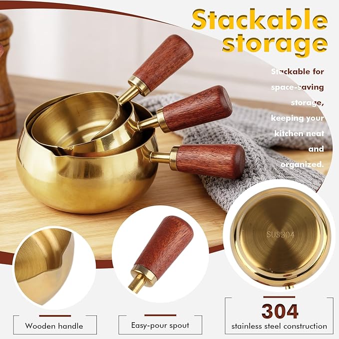 3 Pieces Stainless Steel Mini Sauce Pan with Wooden Handle & Spout, 1.7/3.4/5.1 Oz Gold Small Butter Warmer Saucepan, Reusable Sauce Pot Dipping Bowl (Gold)