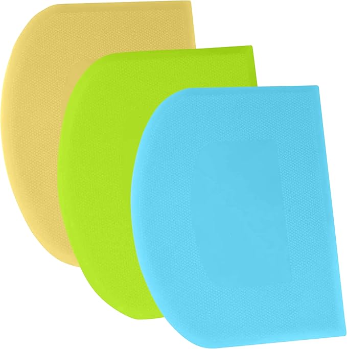 SURDOCA Dough Scraper Bench Scraper - 3P 10.6x6.7" Plastic Flexible Bowl Scraper, Sharp Edge & Angles Cake Scraper. Non-Slip Bakeware Decorating Tools Sculpting & Modeling Tools - Blue+Yellow+Green