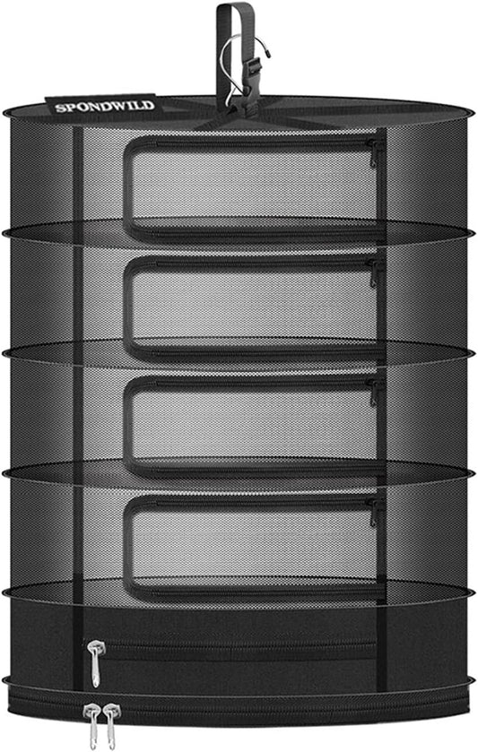 Herb Drying Rack Hanging Mesh Net，Medium 4+1 Layer Plant Drying Rack with Door-Type Zipper & Closed Storage Compartment for Folding Basket Dryer Fitting in Grow Tents,Garden Outdoor