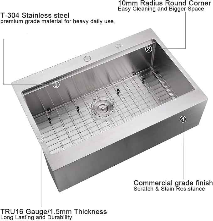 33 Inch Farmhouse Drop In Kitchen Sink Workstation - 33X22 inch Apron Front Kitchen Sink Workstation Single Bowl 16 Gauge Stainless Steel Farm Sink