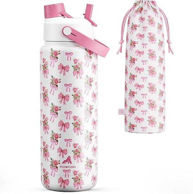 POWCAN 32 oz Insulated Water Bottle with 2-in-1 Straw and Spout Lid, Keep Cold 24H, Leak-Proof, BPA-Free, Double Wall Stainless Steel Water Bottle for Sports, Gym, Travel, Gift, Home (Rosy Bouquet)