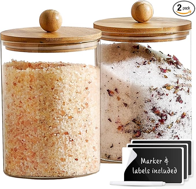 Le'raze 1 Gallon Glass Canister Set for Kitchen Counter with Airtight Bamboo Lids + Marker & Labels - of 2 Large Cookie Jars Wooden Lid, Food Storage Containers Pantry, Flour, Sugar, Pasta, Candy,