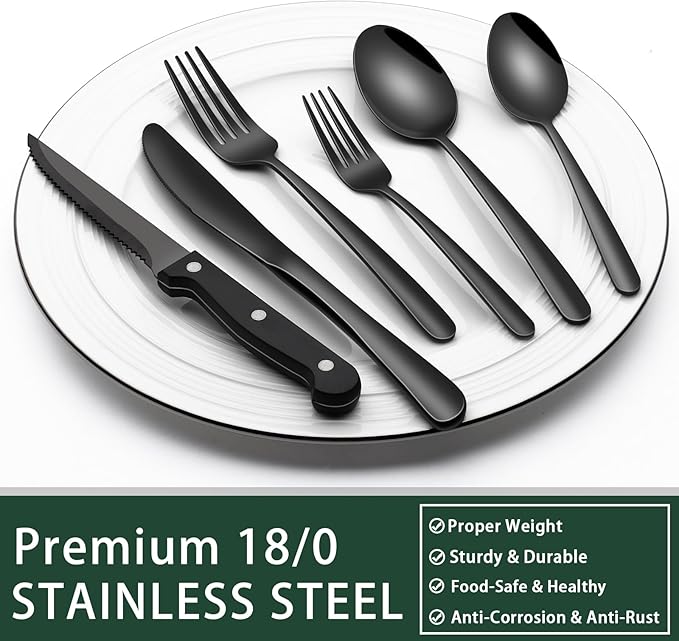 EWFEN 24-Piece Black Silverware Set with Steak Knives, Black Flatware Set for 4, Food-Grade Stainless Steel Tableware Cutlery Set, Mirror Finished Utensil Sets for Home Restaurant, Heavy Duty