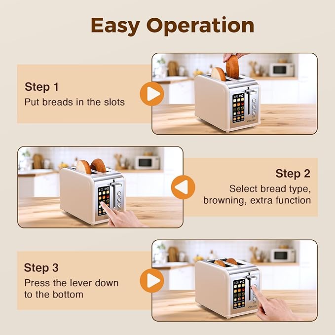 2 Slice Touch Screen Toaster Stainless Steel Digital Touchscreen with Wide Slots, Reheat & Defrost, Even Toasting for Bagel & Bread, Easy Removable Crumb Tray, Cream Color