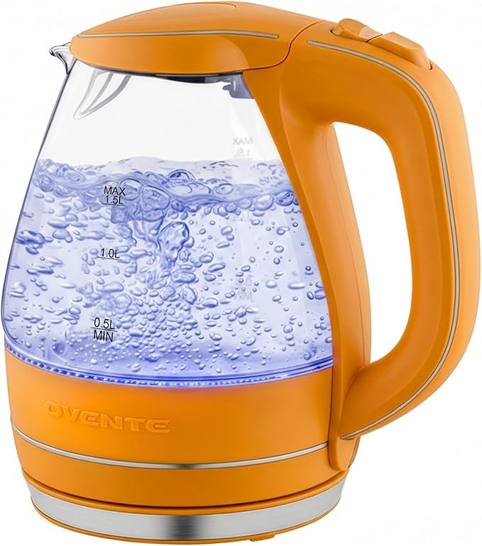OVENTE Electric Kettle, 1.5L Borosilicate Glass Countertop Water Heater and Boiler for Coffee or Tea, BPA-Free, Auto Shut-Off, Boil-Dry Protection, Removable and Washable Spout Filter, Orange KG83O