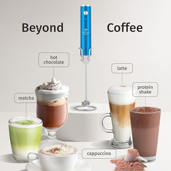 Zulay Kitchen Rechargeable Milk Frother Handheld Lux - Powerful 2-Speed Motor, Waterproof, 2000mAh Battery - Drink Mixer for Latte, Cappuccino, Matcha & Protein Powder - Metallic Blue