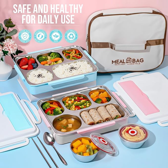 2 Sets Stainless Steel Lunch Bento Box for Adult 2.0 L Leakproof 5 Compartment Metal Bento Box with Bag 8 oz Soup Bowl with Utensils for Office, Travel(Pink, Blue)
