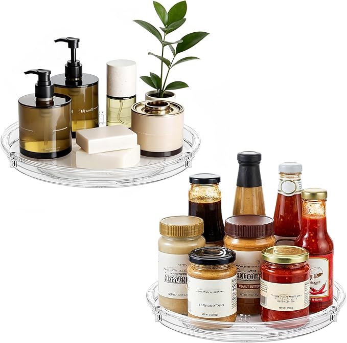 LAMU 10.2'' Wood Lazy Susan Turntable and 2 Pack Clear Lazy Susan Organizer