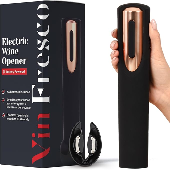 Electric Wine Opener Battery Operated with Stand and Built-in Foil Cutter - Automatic Wine Opener - Electric Corkscrew for Easy Cork Removal - Best Gift for Wine Lover (Black & Rose Gold)