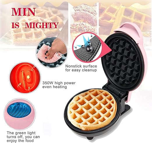 Mini Maker Waffle Maker 5“ Non-Stick Waffler Iron Stuffler Stuffed Wafflera Adjustable Browning Control, Heart, Pink