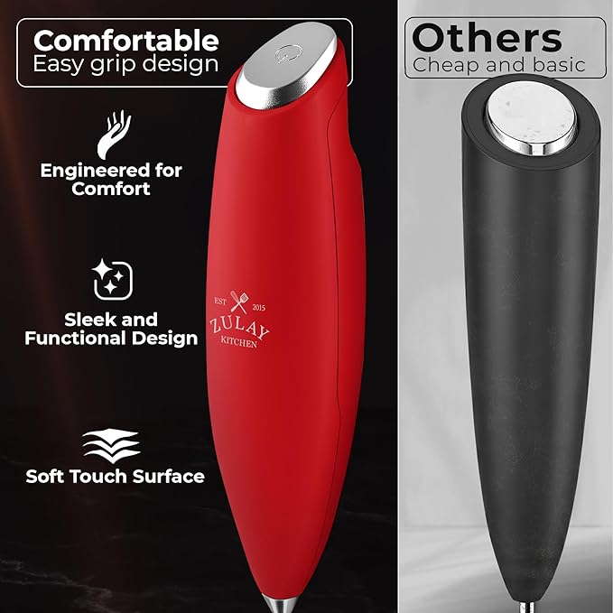 Zulay Kitchen Patented Tornado Triple Whisk Milk Frother with 4 Duracell Batteries – Handheld Foam Maker for Coffee, Lattes, Matcha & Hot Chocolate – Rich, Creamy Froth in Seconds - Cardinal Red