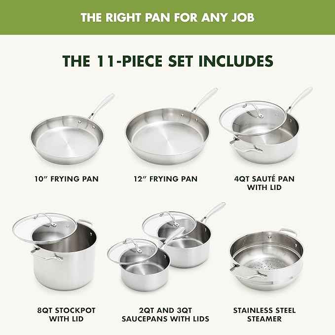 GreenPan Stainless Steel Cookware Set, 11 Piece, Induction Cookware, Dishwasher Safe, Oven Safe to 600F, Large 8QT Stock Pot, Sauce, Saute, Frying Pans, Pots & Pans Kitchen Essentials, Silver