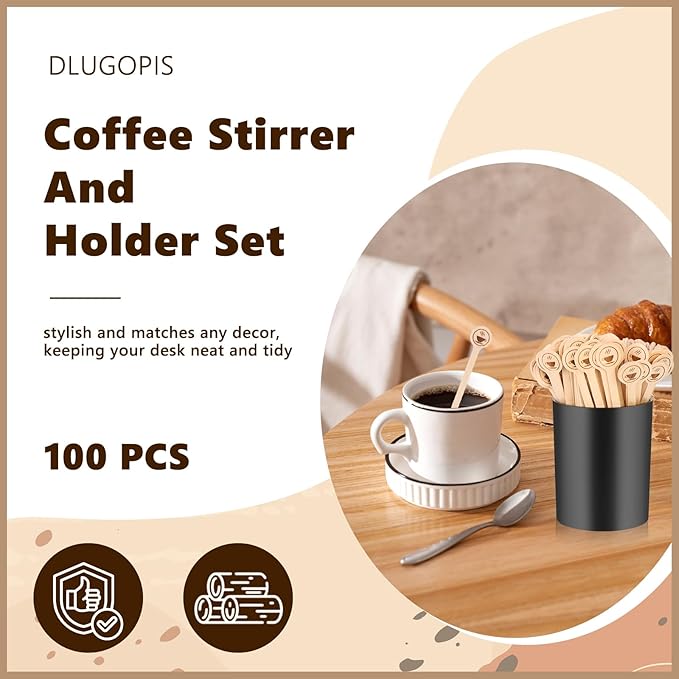 100 PCS Coffee Stirrer and Holder Set 6 inch Wooden Coffee Stirrers with Round Ends Disposable Coffee Stir Sticks Beverage Stirrer Sticks Plastic Drink Stirrer Holder for Cafe Drink Stations Bar