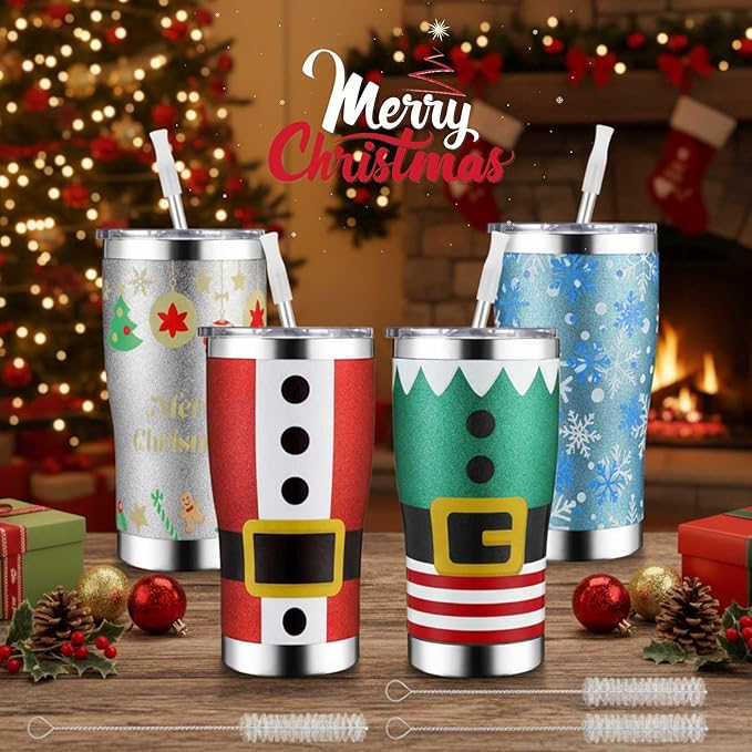 Sieral 4 Pack Christmas Glitter Tumbler Set 20oz Stainless Steel and Double Wall Insulated Travel Coffee Mug with Lid Straws and Brushes for Christmas Gift Friends