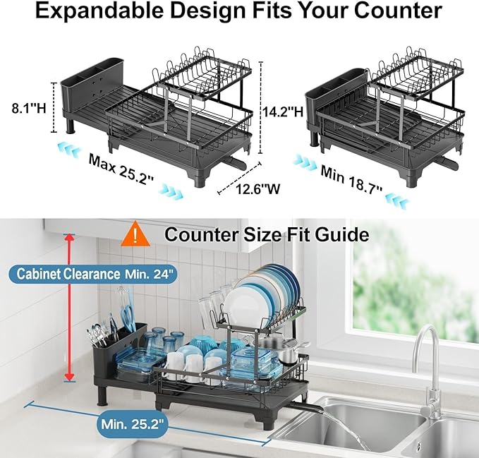 GSlife 2 Tier Dish Drying Rack with Drainboard, Expandable Large Dish Drainer for Kitchen Counter, Rust Resistant Dish Drainer with Cup Holder & Utensil Holder, 12.6" W x 18.7"-25.2" L, Black