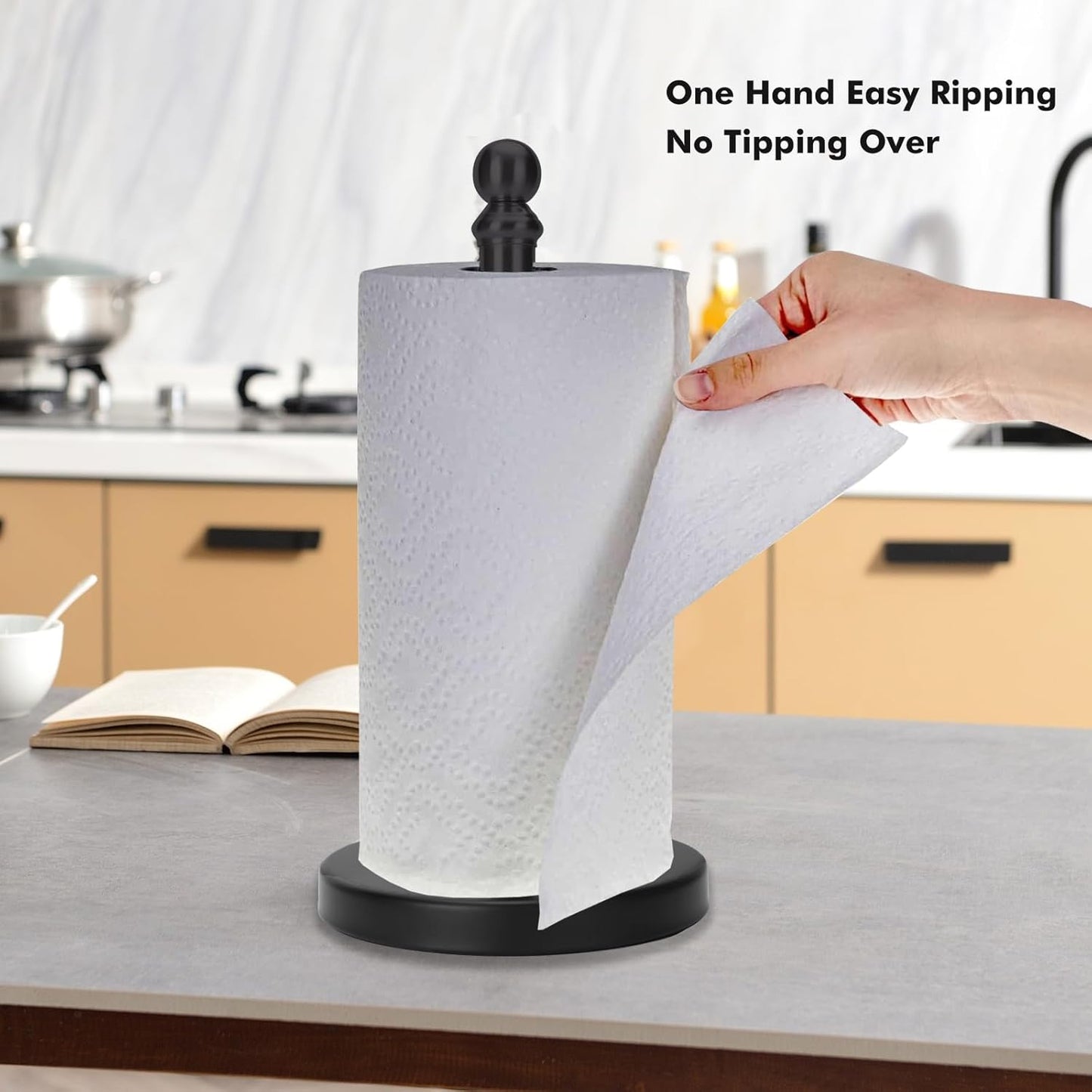 Black Paper Towel Holder Countertop, Standing Paper Towel Roll Holder for Kitchen Bathroom, with Weighted Base for One-Handed Operation, Stainless Steel in Black Matte Finish