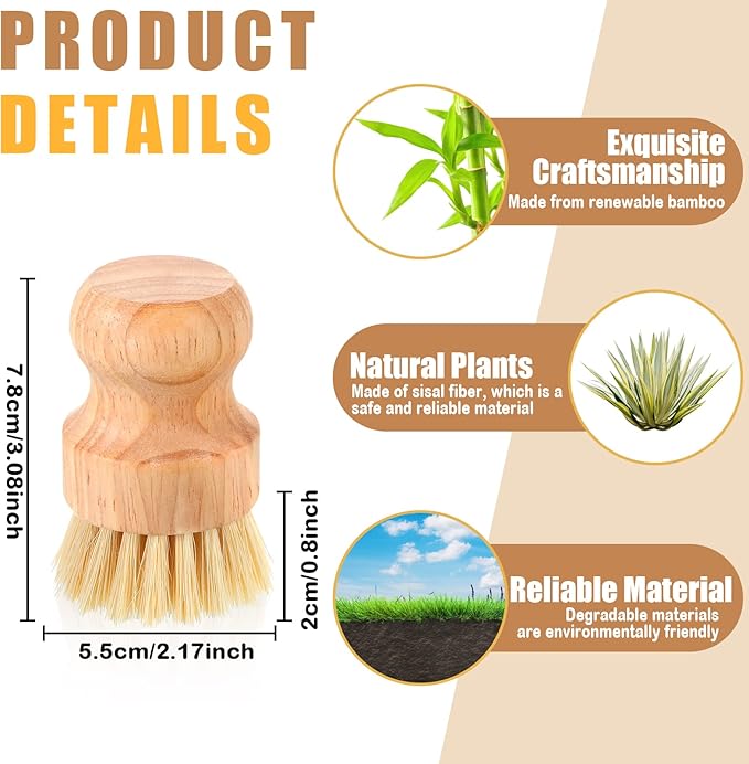 Nuenen 12 Packs Bamboo Dish Scrub Brushes Wooden Scrubbers Set Kitchen Dishwashing Scrubber with Natural Sisal Bristles for Iron Pot Pan Sink(Sisal)