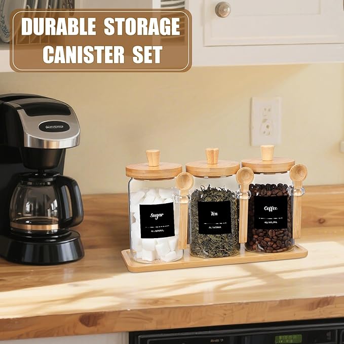 Suclain 3 Pcs Glass Coffee Container with Wooden Lid Spoon Shelf Labels Clear Airtight Jar Food Storage Canister Set for Sugar Spice Coffee Bean Holder Housewarming Gift(25 oz,Natural Bamboo)