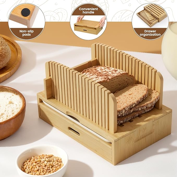 Bamboo Bread Slicer for Homemade Bread Adjustable Width Slicing Guides, Compact Loaf Cutter for Perfect Slices