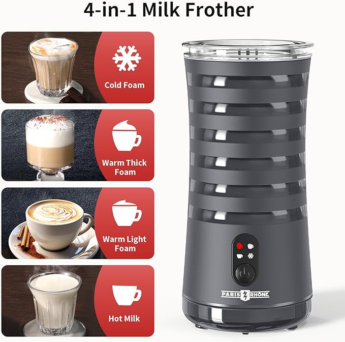 Milk Frother, Paris Rhône 4-in-1 Milk Steamer and Frother, Hot & Cold Foam Milk Warmer with Temperature Control, Auto Shut-Off Frothers for Coffee, Latte, Cappuccino, Macchiato, Grey