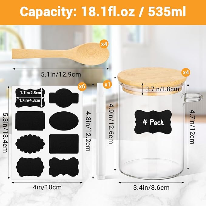 Glass Jars with Airtight Lid - 4 Pack 18 Fl.oz Round Glass Jar with Bamboo Lids and Spoon, Includes Labels and Marker, Coffee Sugar Containers for Spice, Oats, Candy, Cookies, Tea Canister