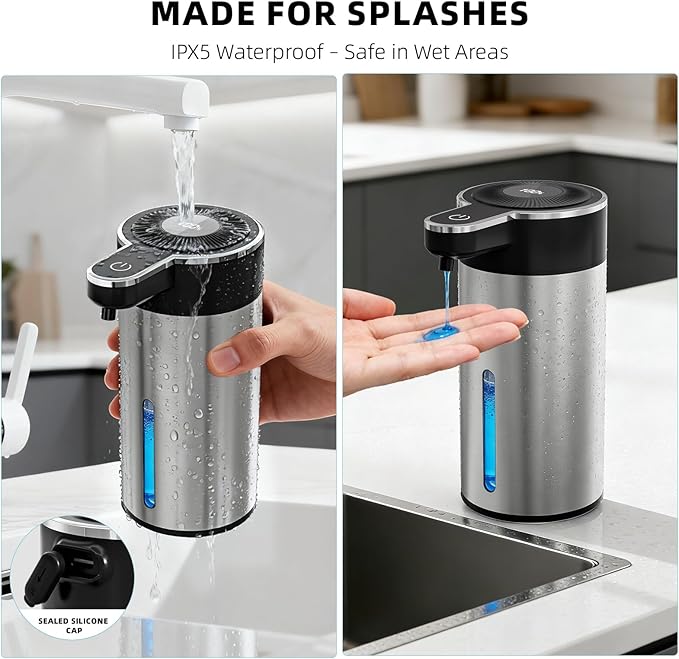 Automatic Liquid Soap Dispenser Touchless, 304 Stainless Steel Bottle Body & 13.5oz/400ml Rechargeable, 4 Adjustable Liquid Levels, IPX5 Waterproof,Level Display for Bathroom Kitchen