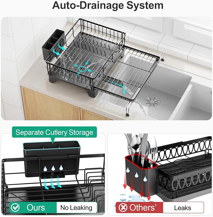 GSlife Expandable Dish Drying Rack for Kitchen Counter, Large Capacity 2-in-1 Rust Resistant Dish Drainer with Swivel Spout and Pull Out Over Sink Extension, 16.7" W x 12.6"-22.4" L, Black
