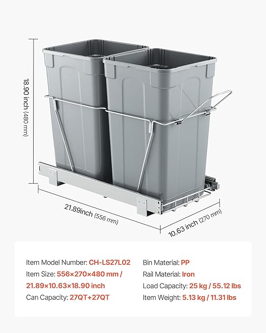 VEVOR Pullout Trash Can for Kitchen Cabinets, 27QTx2 Double Under Sink Garbage Waste Recycling Bin, Under Mount Waste Container, with Heavy Duty Metal Full Extension Sliding System and Handle Grey