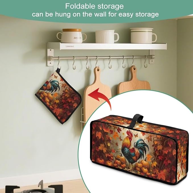Thanksgiving Day Toaster Cover 2 Slice Rooster Pumpkin Toaster Cover with Top Handle Small Appliance Protector Lightweight Dust Protection Bread Machine Protector