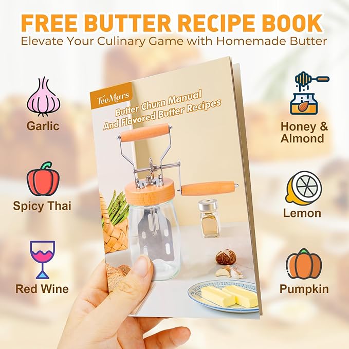 TeeMars Butter Churner - Upgraded Hand Crank Mason Jar Churn Kit, 34oz Manual Maker with 14 Recipe, Paddle, Mold with Lid, Cheese Cloth & Anti-slip Mat, Homemade Butter in 15Min