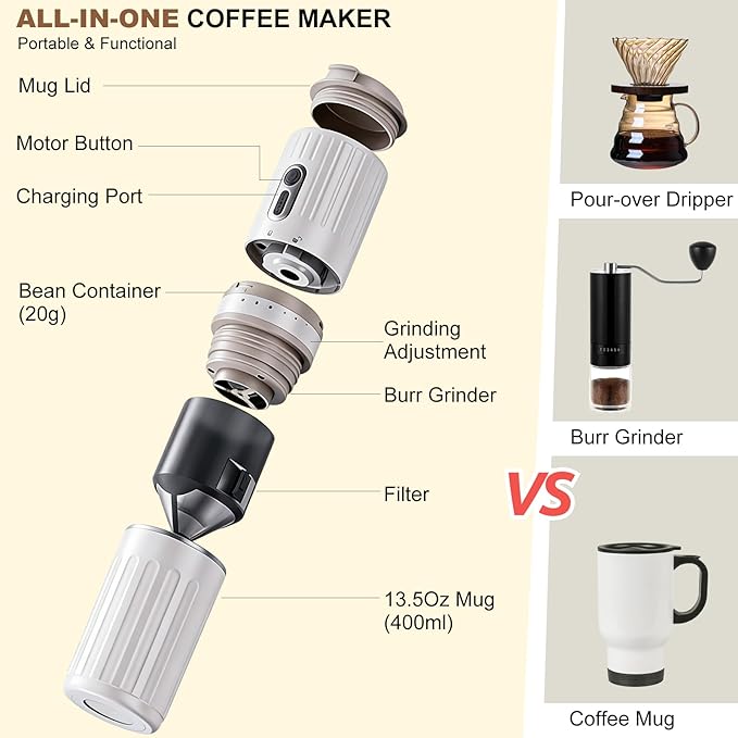 Portable Coffee Maker with Electric Grinder, Travel Coffee Maker, Portable Battery Pour Over Set, Rechargeable Cordless Coffee Mini Maker with Insulated Mug for Travel, Camping, Car