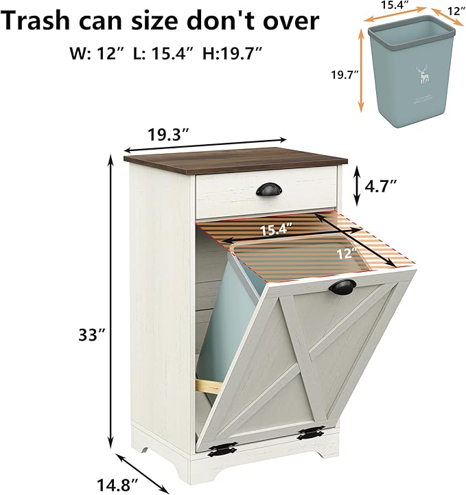 Furniouse Single Tilt Out Trash Can Cabinet with Drawer, 10 Gallon Wood Garbage Cabinet for Kitchen, Antique White