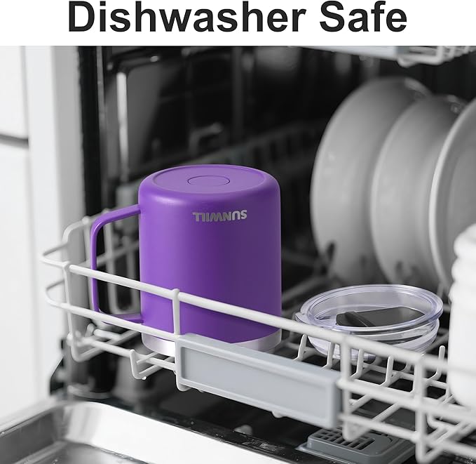 SUNWILL Insulated Coffee Mug with Lid, Travel Tumbler with Handle, 14 oz Stainless Steel Cup for Camping, Office, Home, Powder Coated Purple