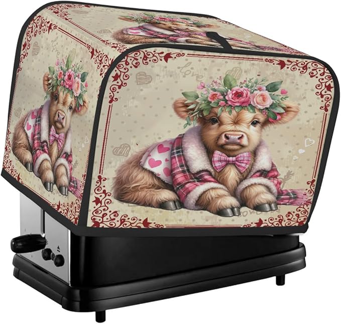 Valentine Day Highland Cow Toaster Cover 2 Slice Dust and Fingerprint Protection Toaster Bread Maker Covers Washable Kitchen Small Appliance Covers for Kitchen Accessories Decor Bakeware Women Gift