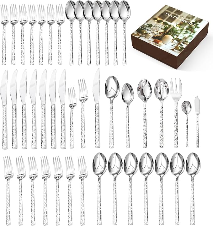 KINGSTONE 45 Piece Hammered Silverware Set with Serving Utensils, 18/10 Stainless Steel Flatware Set for 8, Cutlery Set for Home, Party, Wedding, Mirror Polished Dishwasher Safe