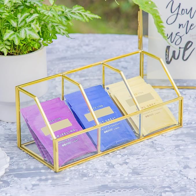 NCYP Glass Tea Bags Organizer with 3 Slots, Brass Open Display Case, Kitchen Cabinet Gold Decor Box, Indoor Counter Teabag Storage Rack, 8.7 x 3.6 x 3.6 Inches (Glass Box Only)