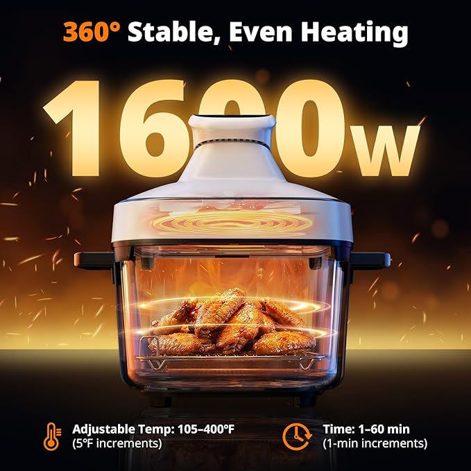 AIRMSEN 6.3 QT Glass Air Fryer Non-Toxic, 4 Presets & Manual Control, 105–400℉ Precise Heat, 95% Less Oil, Auto-Pause & Resume, Microwave & Dishwasher Safe Glass Container for Family Meals