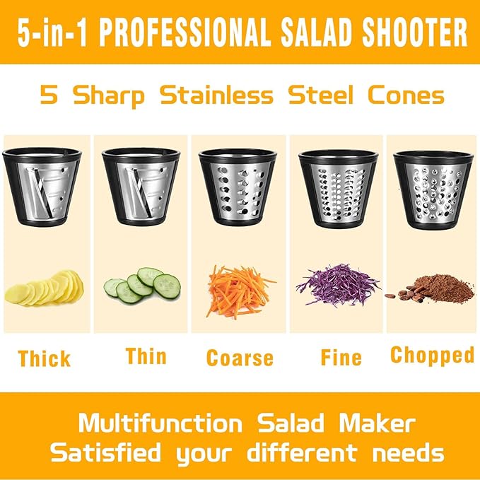 Electric Cheese Grater 150W Salad Maker 5 Different Shapes of Blades for Slicing/Shredding/Grinding, Compact Kitchen Electric Slicer Shredder for Block Cheese, Vegetables, Fruit, Carrots
