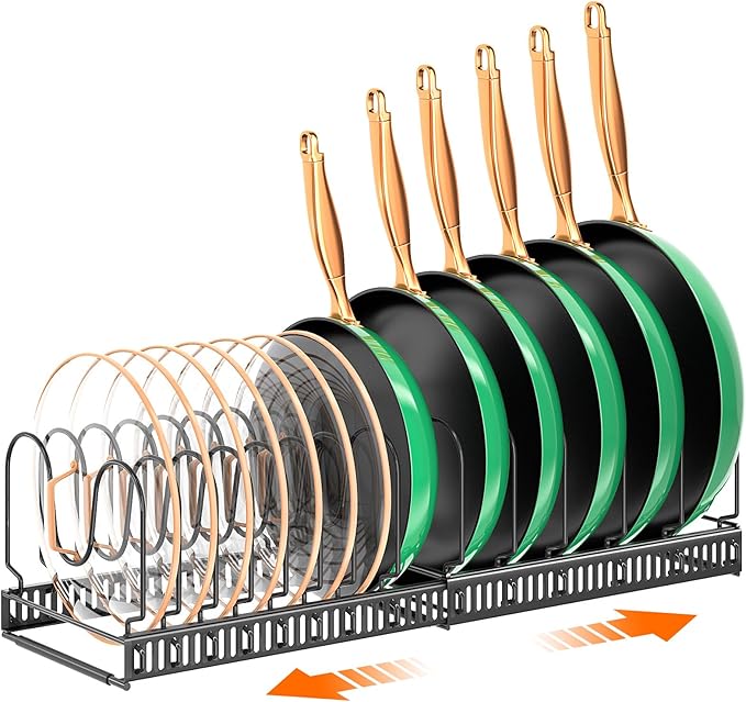 MUDEELA Pots and Pans Organizer Rack for under Cabinet, Expandable Pot Lid Kitchen Cabinet Organizer Holder with 14 Adjustable Compartment Cutting Board Organizer for Pan Lid, Bakeware