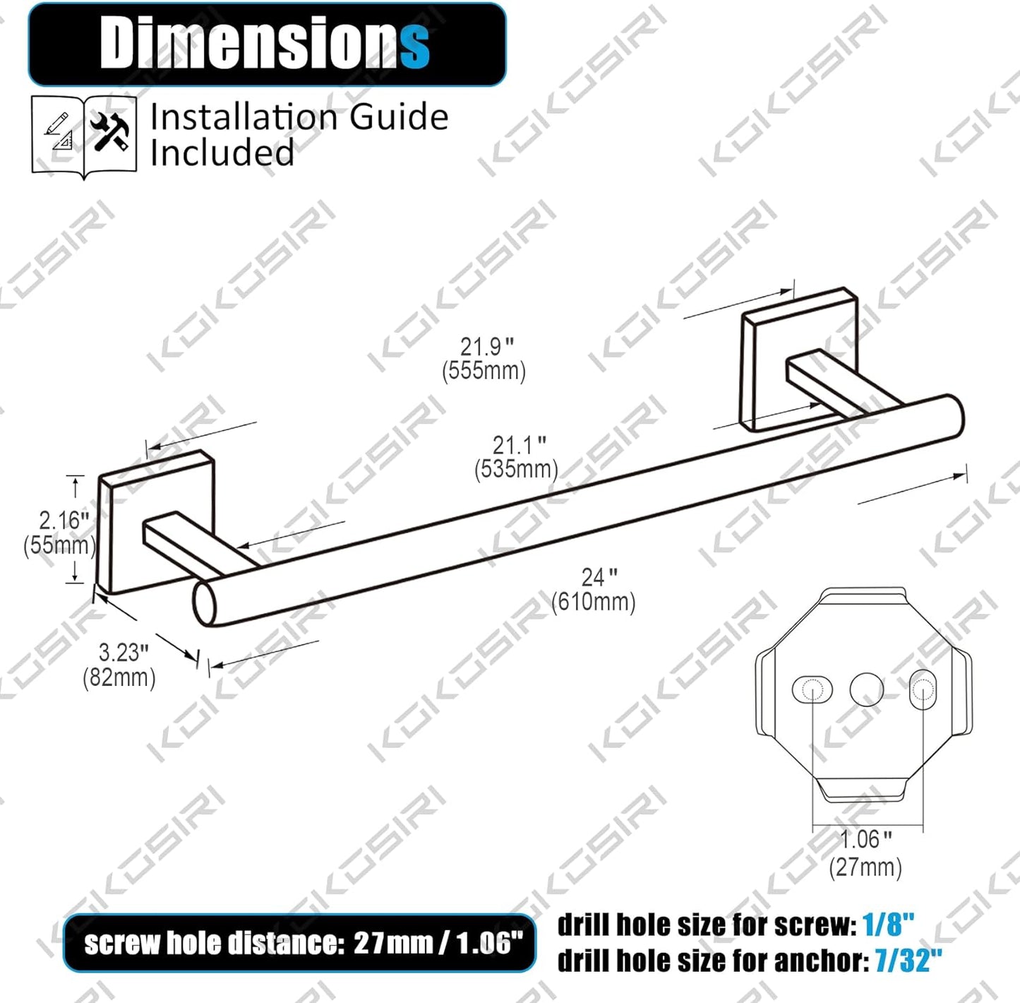 KOKOSIRI Towel Rails Bathroom Towel Bars Matte Black 24 Inch Bath Towel Holder for Cabinet Kitchen Wall, 2 Pack Stainless Steel B4005BK-L24-P2