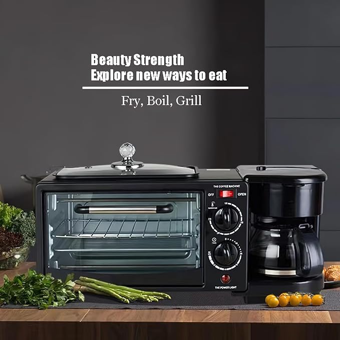 9L, 3-in-1 multifunctional home breakfast machine, mini oven, coffee machine, with timer，visible window (Black)