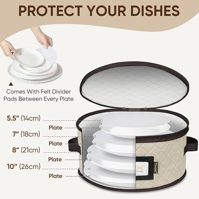 BALEINE China Storage Containers, Sturdy Quilted Wine Glass Storage, Plate Organizer with Carry Handles, Moving Boxes for Dishes, Cups, Mugs and Stemware (Plate Set, Soft Shell Cream)