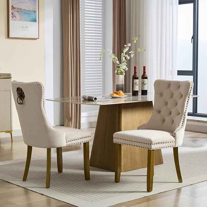 Velvet Dining Chairs Set of 2, Modern Tufted Dining Room Chair, Upholstered Dining Chairs with Lion Head Pulls Ring and Golden Solid Wood Legs, Luxury Kitchen Chairs for Dining Room, Beige