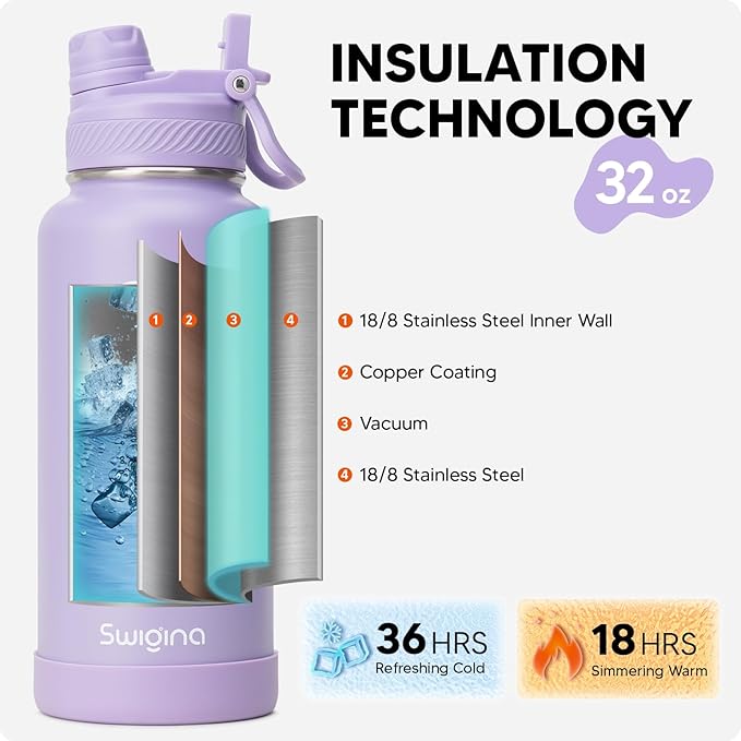 Swigina [2-IN-1 LID] Insulated Water Bottle with Silicone Boot (36hrs Cold/18hrs Hot) - DIY Stickers, Leakproof, BPA Free, 32 oz