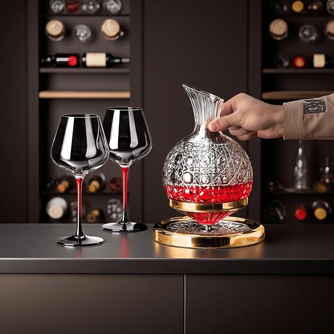 Wine Decanter Set - Spinning Crystal Red Wine Decanter Carafes, Jarler Football Rotory Hand Blown 1.5L Glass Wine Aerator Quick Decanter，Wine Gift for Him, Wine Lover, Father Gift (Gold+Clear)