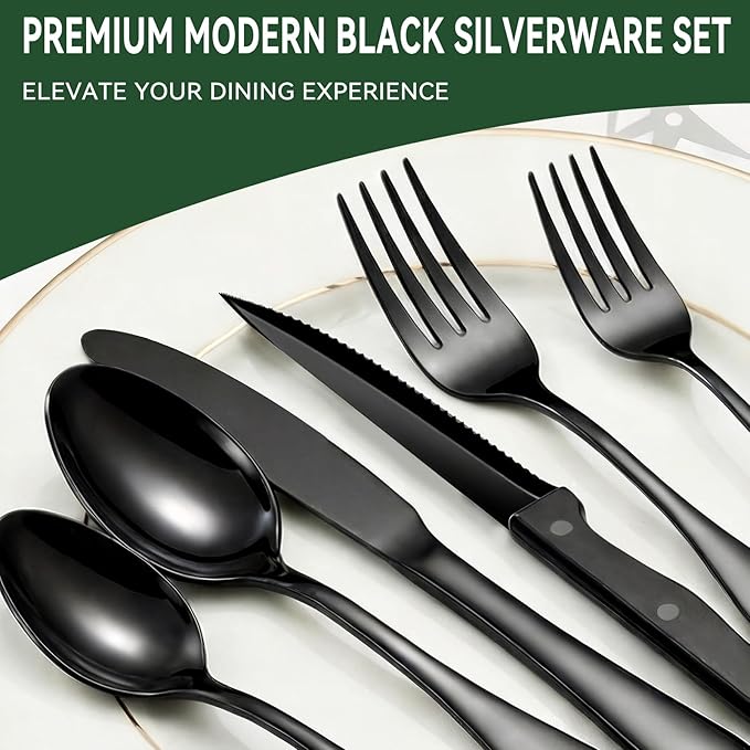 JUNLIN 49 Pieces Black Silverware Set with Steak Knives, Stainless Steel Silverware with Organizer Flatware Utensils Set for 8, Forks and Spoons Silverware Set Cutlery Set