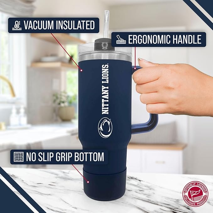 Campus Colors College & University 40 oz Travel Tumbler With Handle - Dual Option Lid With Straw - Vacuum Insulated Stainless Steel (Penn State Nittany Lions - Navy)