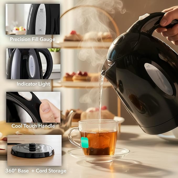 OVENTE Electric Kettle, 1.7L Fast Boiling Water Heater for Coffee or Tea, BPA Free with Water Level Gauge, Auto Shut-Off, Boil-Dry Protection, Indicator Light and Removable Filter, Black KP72B