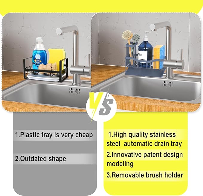 Maifan Sink Caddy Sponge Holder for Kitchen with Brush Holder and Stainless Steel Self Drain Tray, Rustproof Kitchen Sink Organizer for Sponge, Soap Dispenser Storage Accessories Grey Blue