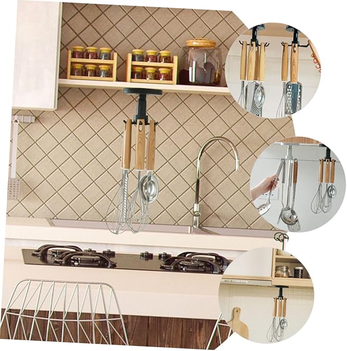 FRCOLOR 3pcs Rotating Kitchen Utensil Hooks Cabinet Hangers Black Under Cabinet Storage Organizer for Spatula Spoon and Knife